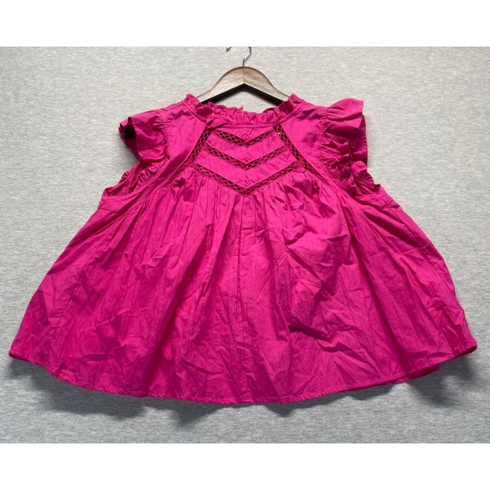 Umgee Crinkle Mary Top Womens S Hot Pink Ladder-Stitch Ruffled Sleeve Pullover